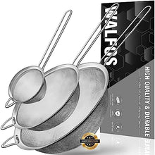 Load image into Gallery viewer, Walfos Fine Mesh Strainers Set, Premium Stainless Steel Colanders and Sifters, with Reinforced Frame Sturdy Handle, Perfect for Sift, Strain, Drain Rinse Vegetables, Pastas Tea - 3 Sizes