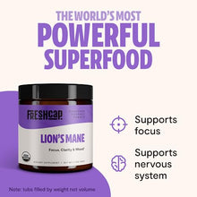 Load image into Gallery viewer, FreshCap Lions Mane Powder Supplement - Organic Brain Supplements for Memory, Focus, Cognition &amp; Mental Clarity - Add to Coffee/Tea/Smoothies - 60 Grams
