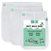 Load image into Gallery viewer, Bellamei Nut Milk Bag Reusable Food Strainer Nut Bags for Straining Almond/Soy Milk Greek Yogurt Professional for Cold Brew Coffee Tea Beer Celery Juice Fine Nylon Mesh(3 pack-8"x12"/10"x12"/13"x13")
